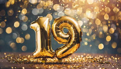 Banner with number 19 golden balloon. 19 years anniversary celebration. Dark glitter bokeh