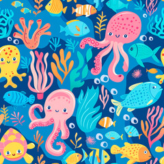 Underwater world seamless pattern with cute sea creatures