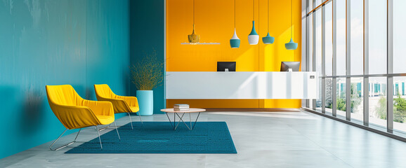 A colorful, contemporary office space with pops of bright teal and yellow against a backdrop of...