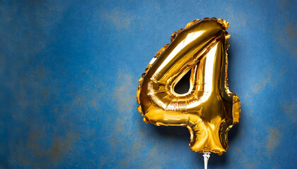 Banner with number 4 golden balloon. Four years anniversary celebration. Bright blue background.