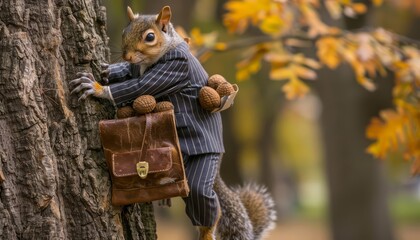 Sporting a tiny pinstripe suit and a briefcase overflowing with acorns, a determined squirrel scurries up a tree, ready to negotiate a lucrative nut deal with the local squirrels