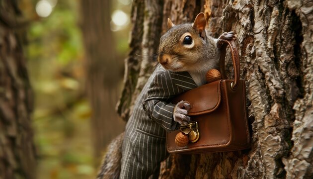 Sporting a tiny pinstripe suit and a briefcase overflowing with acorns, a determined squirrel scurries up a tree, ready to negotiate a lucrative nut deal with the local squirrels