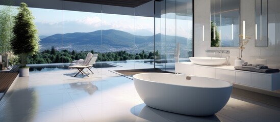 A bathroom with watercraftthemed decor and a view of mountains