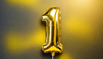 Banner with number 1 golden balloon. One year anniversary celebration. Yellow background.