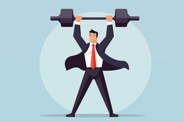 Business graphic vector modern style illustration of a business man lifting heavy weight succeeding being strong champion winning super hero carry burden achieve success conquer challenge