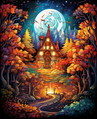 Fototapeta premium Enchanted Autumn Forest House Illustration
