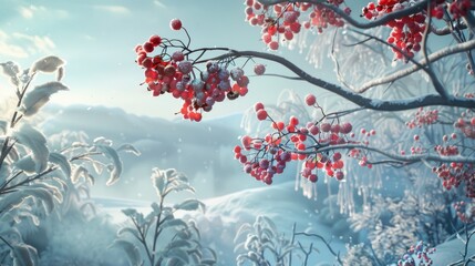 Frozen red mountain ash berries in a winter landscape