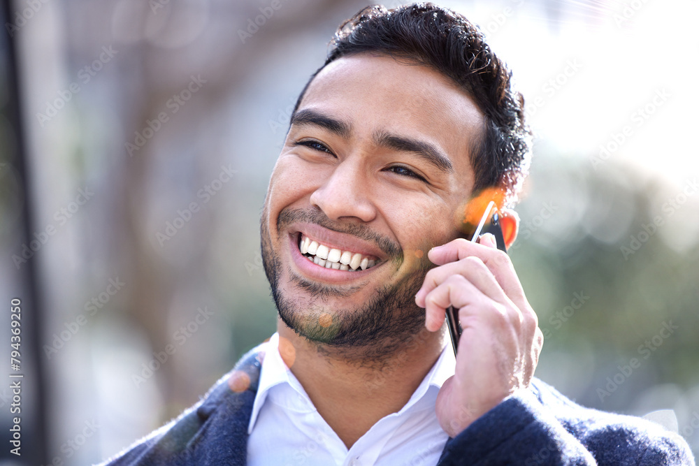 Poster phone call, businessman and conversation on cellphone, city and communication and networking. digita