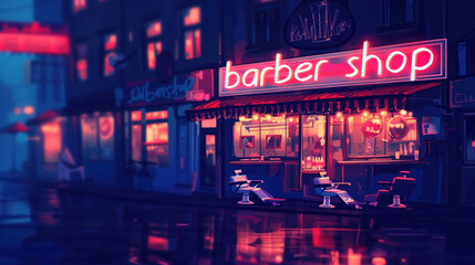 A neon sign for a barbershop is lit up in the night - obrazy, fototapety, plakaty