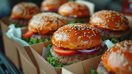 Street food, Meat cutlet burgers are in paper boxes, Food delivery - obrazy, fototapety, plakaty