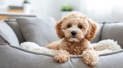 Cute brown maltipoo puppy resting in a dog bed in a bright modern apartment close-up