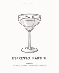 Espresso Martini. Popular cocktail garnished with three coffee beans. A classic alcoholic drink in an elegant wine glass. Illustration for drinks cards, bar and wedding menus and website graphics.