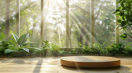 Fototapeta premium Wooden podium amidst sunlit green foliage and large windows