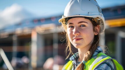 A female civil engineer stands confidently on a construction site overseeing the implementation of sustainable materials and techniques in the building process. The use of solar panels .