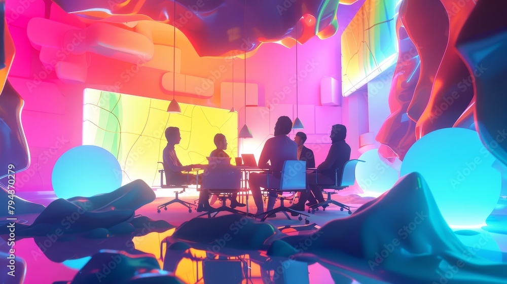 Aufkleber a whimsical 3d rendering of a team brainstorming session in a colorful abstract space ai generated i