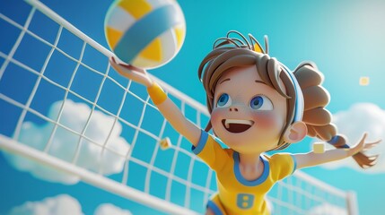 A whimsical 3D rendering of a cute volleyball player spiking the ball   AI generated illustration