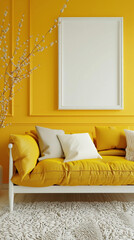 A burst of yellow adds warmth to a contemporary interior, with a chic sofa and an empty white frame offering a glimpse of personalized style.