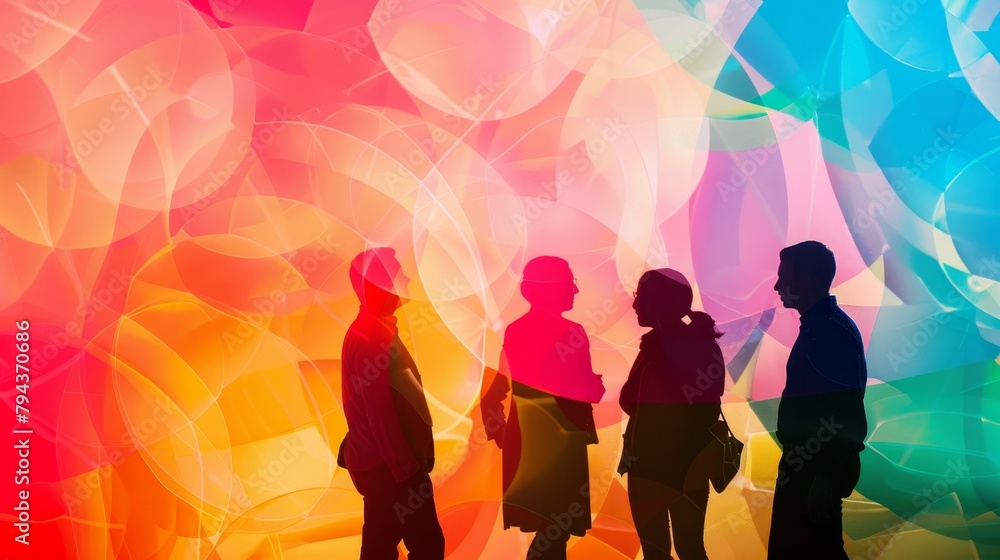 Fototapete A whimsical depiction of a business team collaborating in a colorful abstract space   AI generated illustration