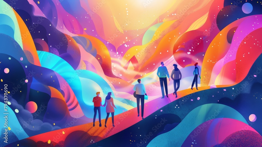 Poster a whimsical depiction of a business team collaborating in a colorful abstract space ai generated ill