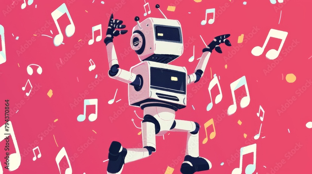 Poster a whimsical illustration of a dancing robot surrounded by floating notes ai generated illustration