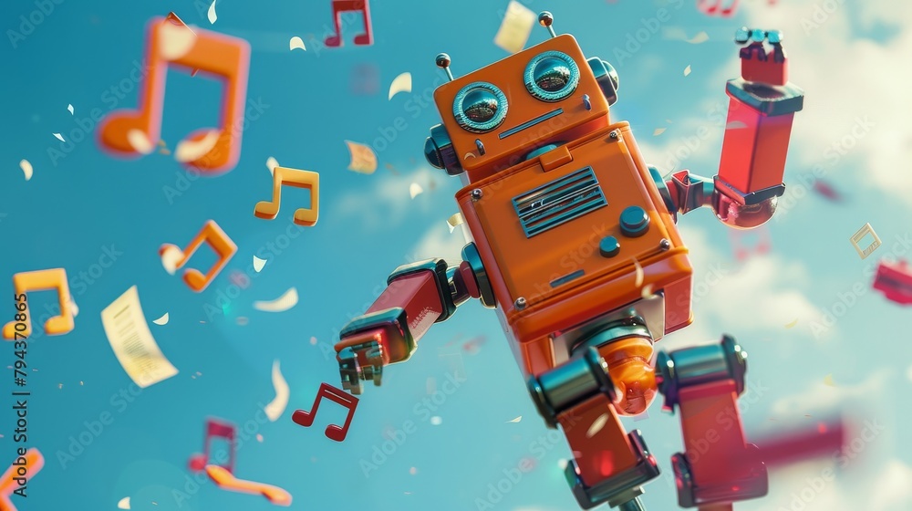 Poster a whimsical illustration of a dancing robot surrounded by floating notes ai generated illustration