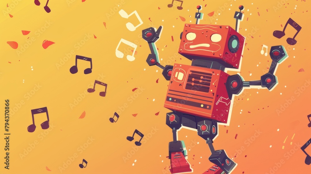Poster a whimsical illustration of a dancing robot surrounded by floating notes ai generated illustration