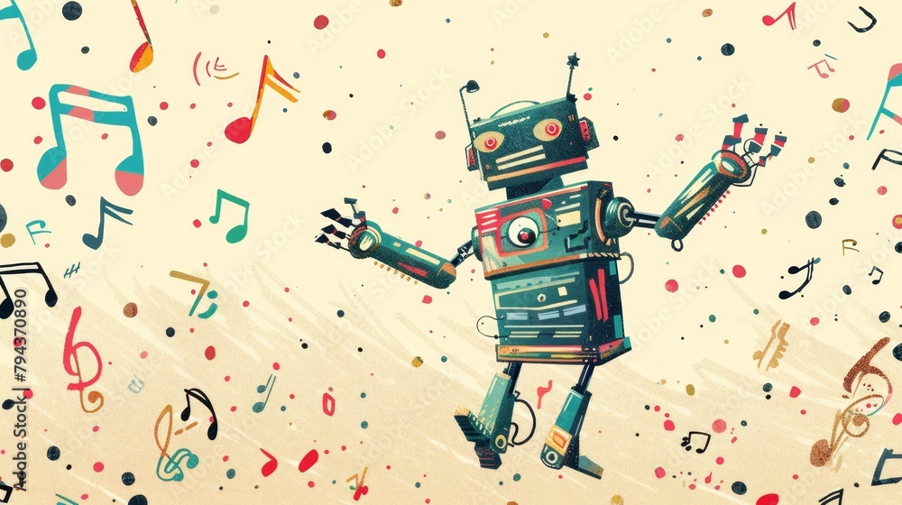 Poster a whimsical illustration of a dancing robot surrounded by floating notes ai generated illustration