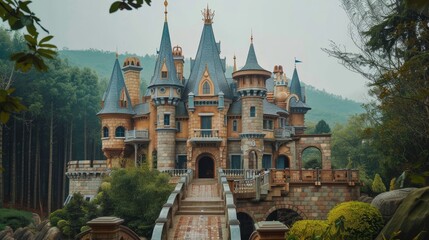 Fototapeta na wymiar A whimsical fairytale castle with turrets and drawbridge AI generated illustration