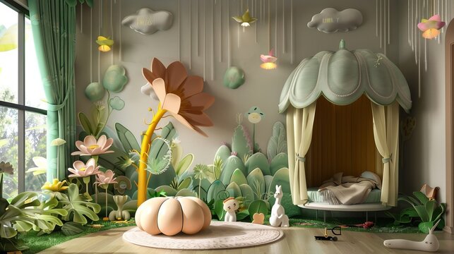 A whimsical garden themed 3D render for a childrens room   AI generated illustration