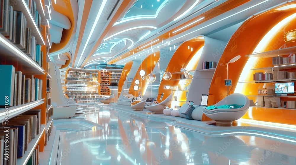 Poster a whimsical scene of a futuristic library with virtual books and interactive reading stations ai gen