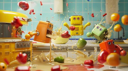 A whimsical scene of robots disguised as kitchen appliances engaged in a food fight   AI generated illustration - obrazy, fototapety, plakaty