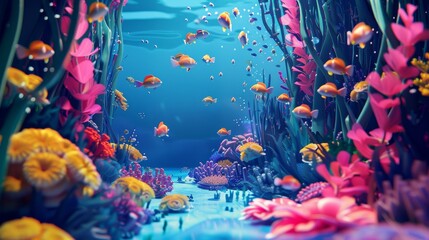 Fototapeta na wymiar A whimsical underwater scene in a vivid 3D style AI generated illustration