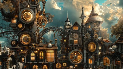 A whimsical steampunk city with gears and cogs everywhere   AI generated illustration - obrazy, fototapety, plakaty