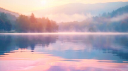 A defocused background image of a tranquil lake with the soft pastel hues of sunset reflecting off the water and casting a dreamy glow on the natural landscape. .