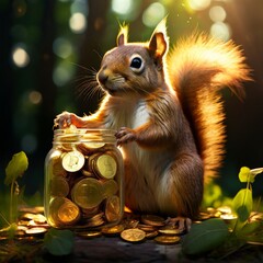 squirrel collects Bitcoin coins in a jar AI