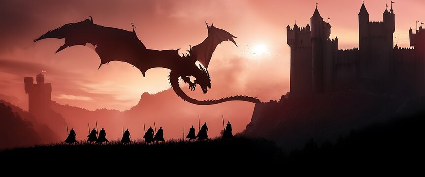 Black Silhouette of Knights Amid Castle Under Dragon Attack: Fantasy Landscape, Medieval Panorama
