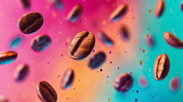 Abstract coffee beans floating in a colorful Memphis background   AI generated illustration