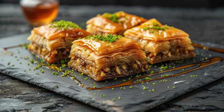 Turkish baklava on a slate plate, Layers of flaky pastry filled with chopped nuts and sweetened with honey syrup.