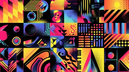 Abstract geometric patterns in vibrant neon colors   AI generated illustration