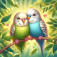 A couple of loving budgies in green leaves and flowers. Sunny summer background illustration with cute parrot birds. Banner design