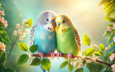 A couple of loving budgies in green leaves and flowers. Sunny summer background illustration with cute parrot birds