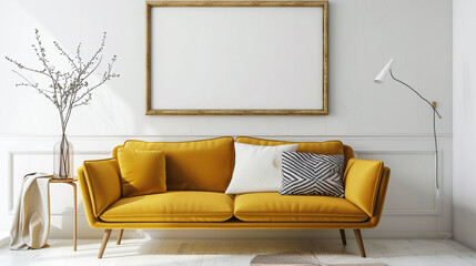 A burst of energy fills the space with a vibrant mustard yellow sofa set against clean white walls, while an empty frame offers endless possibilities for decoration.