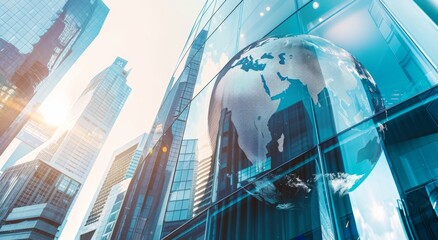 A double exposure of the globe and glass building, symbolizing global business growth in corporate marketing for online advertising services Generative AI - obrazy, fototapety, plakaty