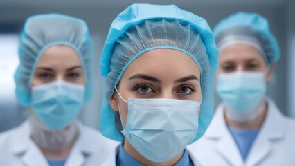 Three masked nurses, doctors before surgery.