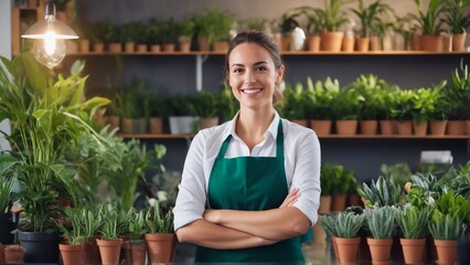 Young shopkeeper girl with arms crossed smiling happy standing at the florist