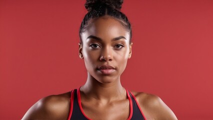 Portrait of a sporty african woman on a red background. Space for text