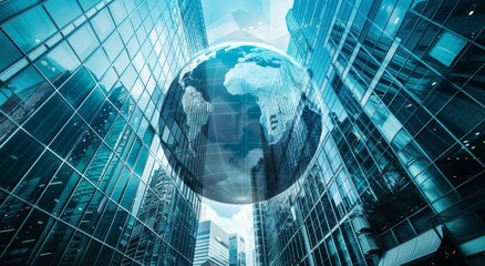 A double exposure of the world globe and glass building in a business district, symbolizing global network technology for online advertising Generative AI - obrazy, fototapety, plakaty