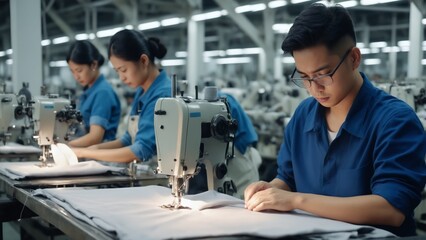 Workers at a garment factory. Man and women of asian appearance sewing clothes in factory