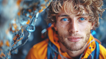 Portrait of a young man engaged in bouldering, against the backdrop of a climbing wall. 
