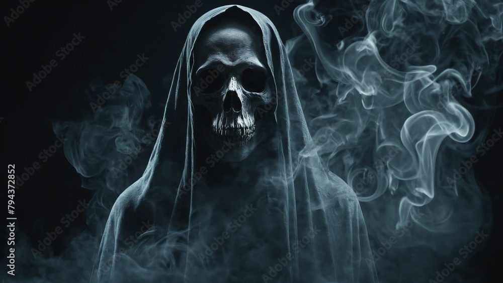 Wall mural death in a black cloak on a black background